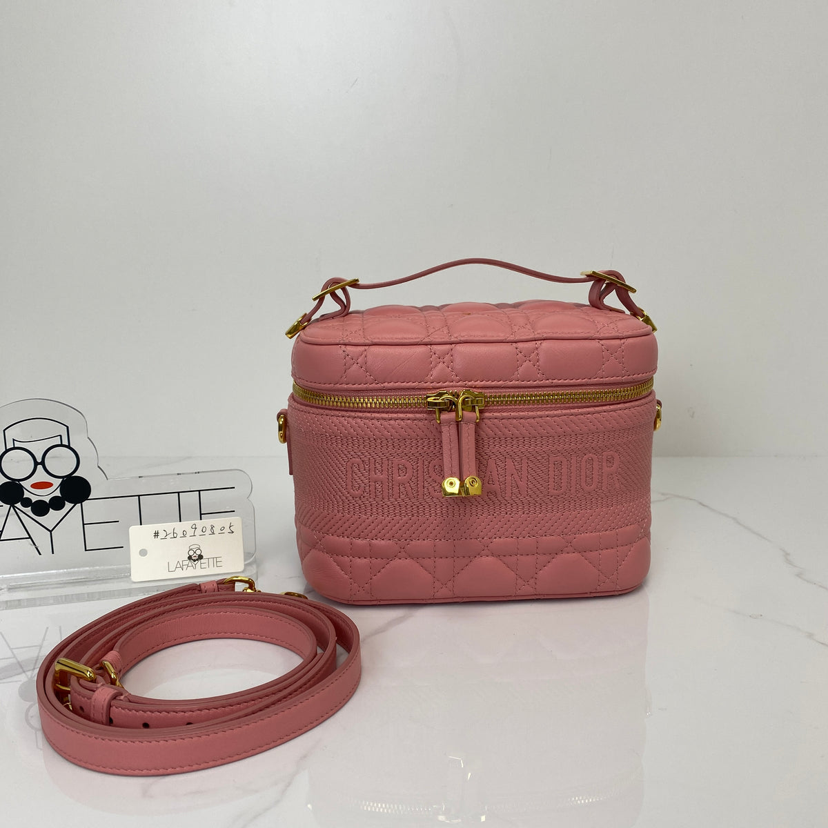 Christian Dior Small DiorTravel Vanity Case with Handle, pink Cannage lambskin, gold-tone hardware — detail view 1