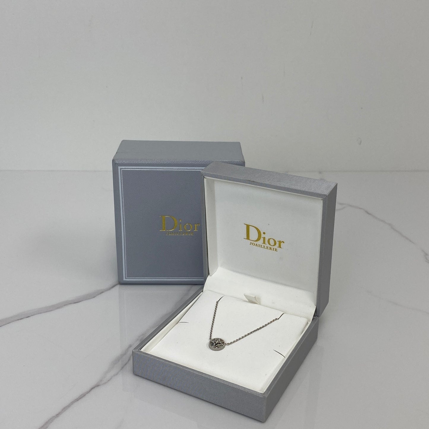 Close-up of the diamond setting on the Dior Rose Des Vents necklace