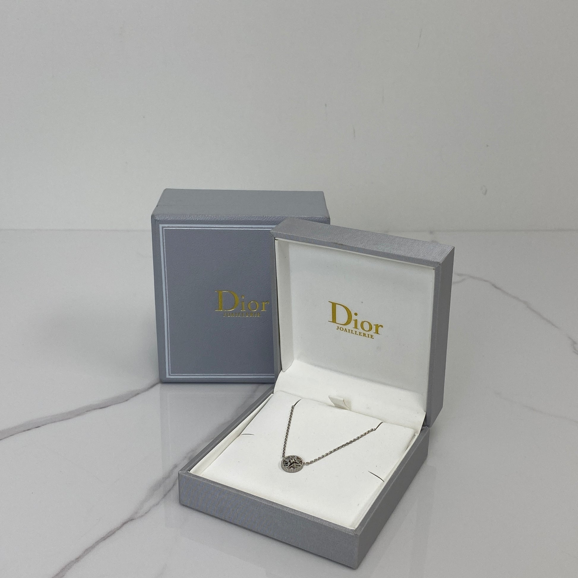 Close-up of the diamond setting on the Dior Rose Des Vents necklace