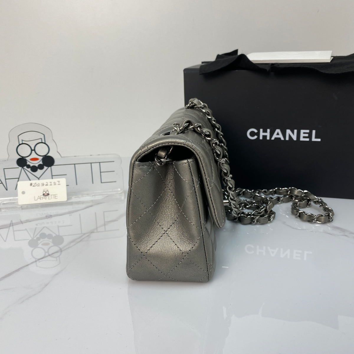 Chanel Mini Rectangular Flap, metallic grey goatskin, ruthenium hardware — detail view 4