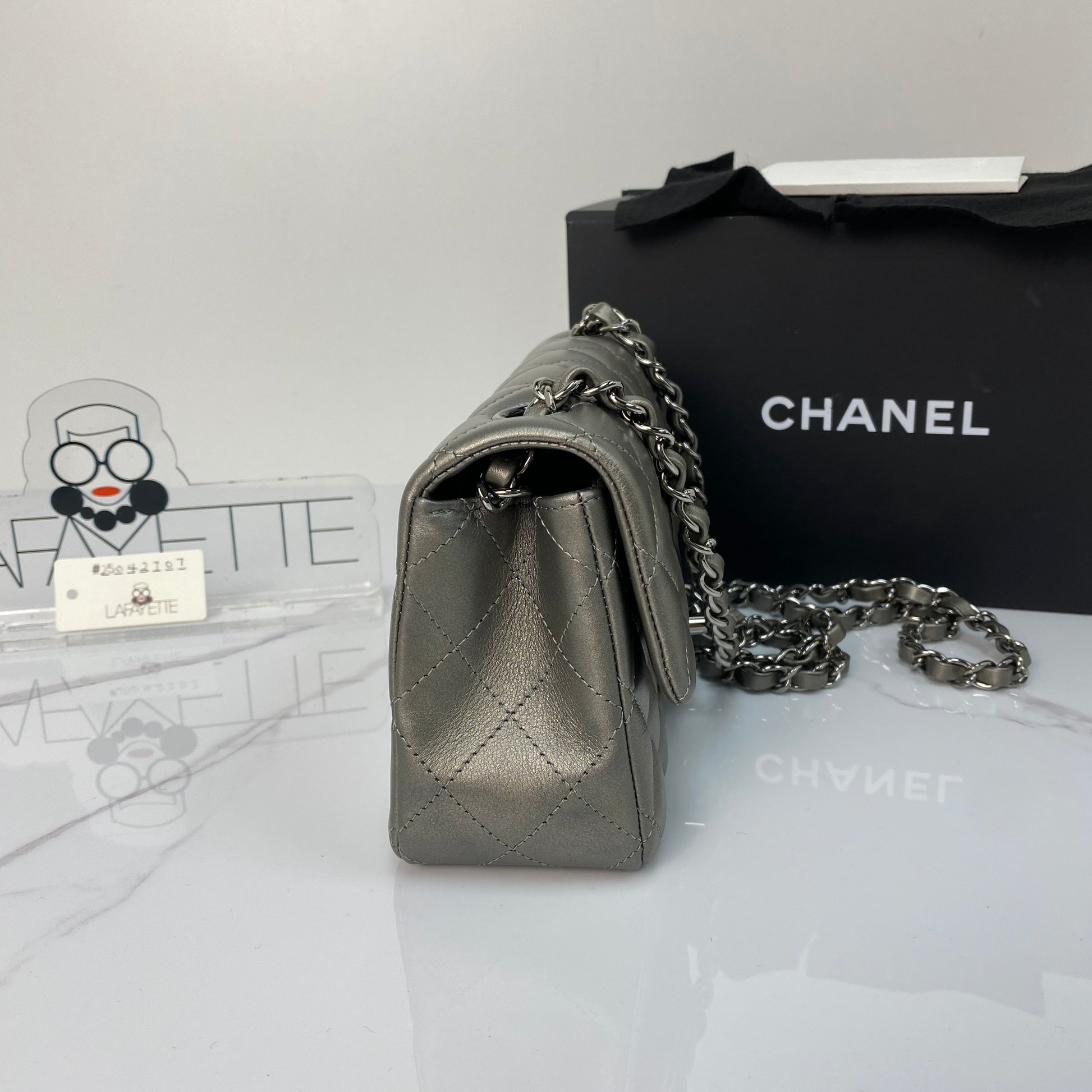 Chanel Mini Rectangular Flap, metallic grey goatskin, ruthenium hardware — detail view 4