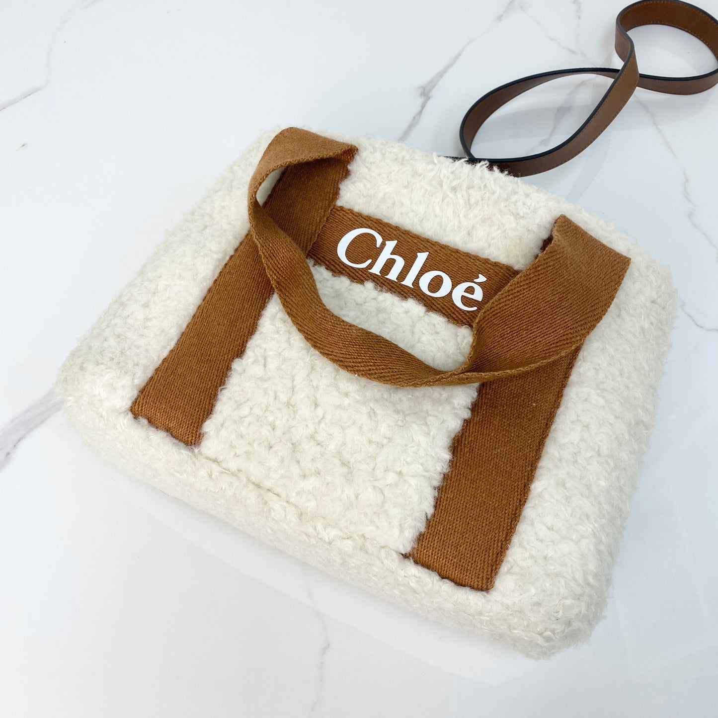 Chloé Shearling Shoulder Bag, beige shearling, gold-tone hardware — front view