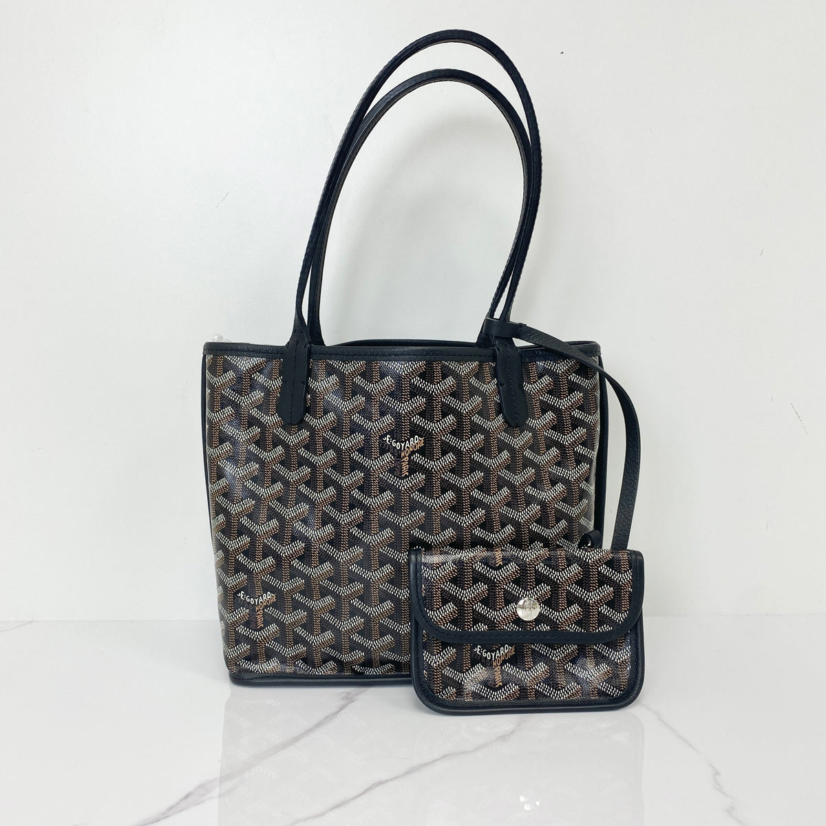 Goyard Mini Anjou, black and brown Goyardine canvas, silver-tone hardware — front view