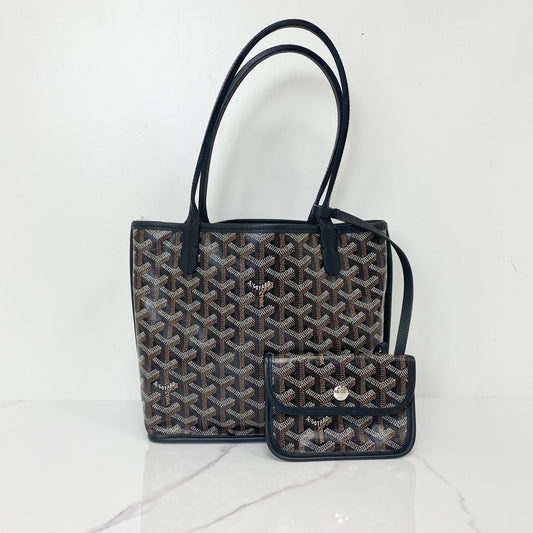 Goyard Mini Anjou, black and brown Goyardine canvas, silver-tone hardware — front view