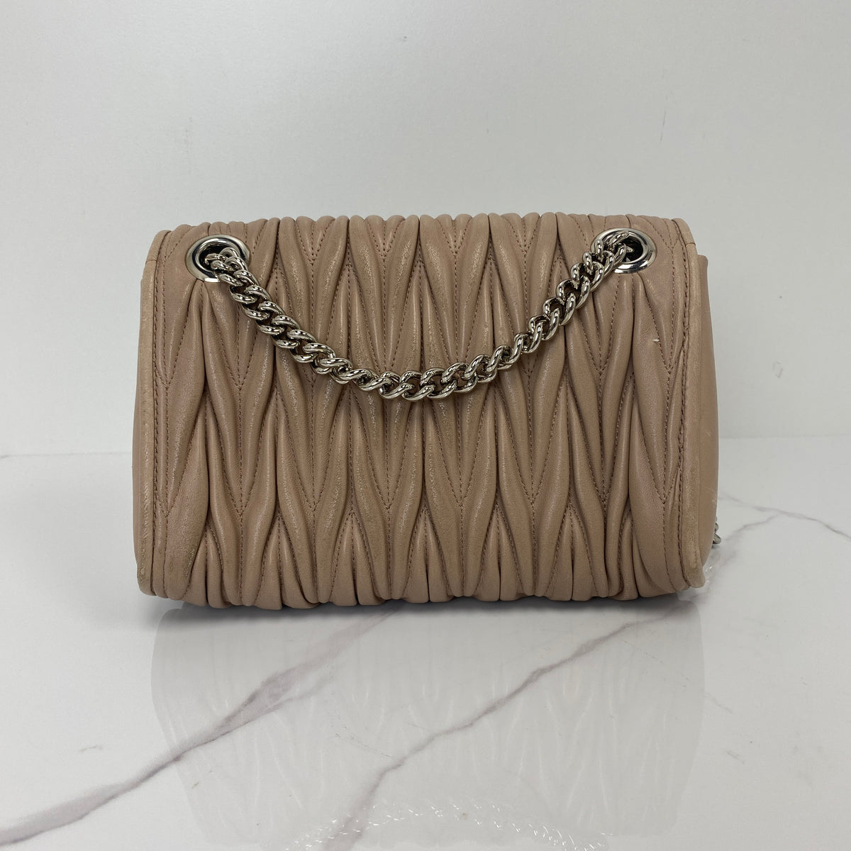 Miu Miu Nappa Matelasse Chain Bag, nude pink matelassé nappa lambskin, silver-tone chain — detail view 3