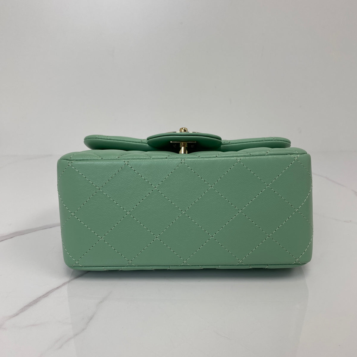 Chanel Classic Mini Flap Bag, mint green lambskin, gold-tone hardware — detail view 4