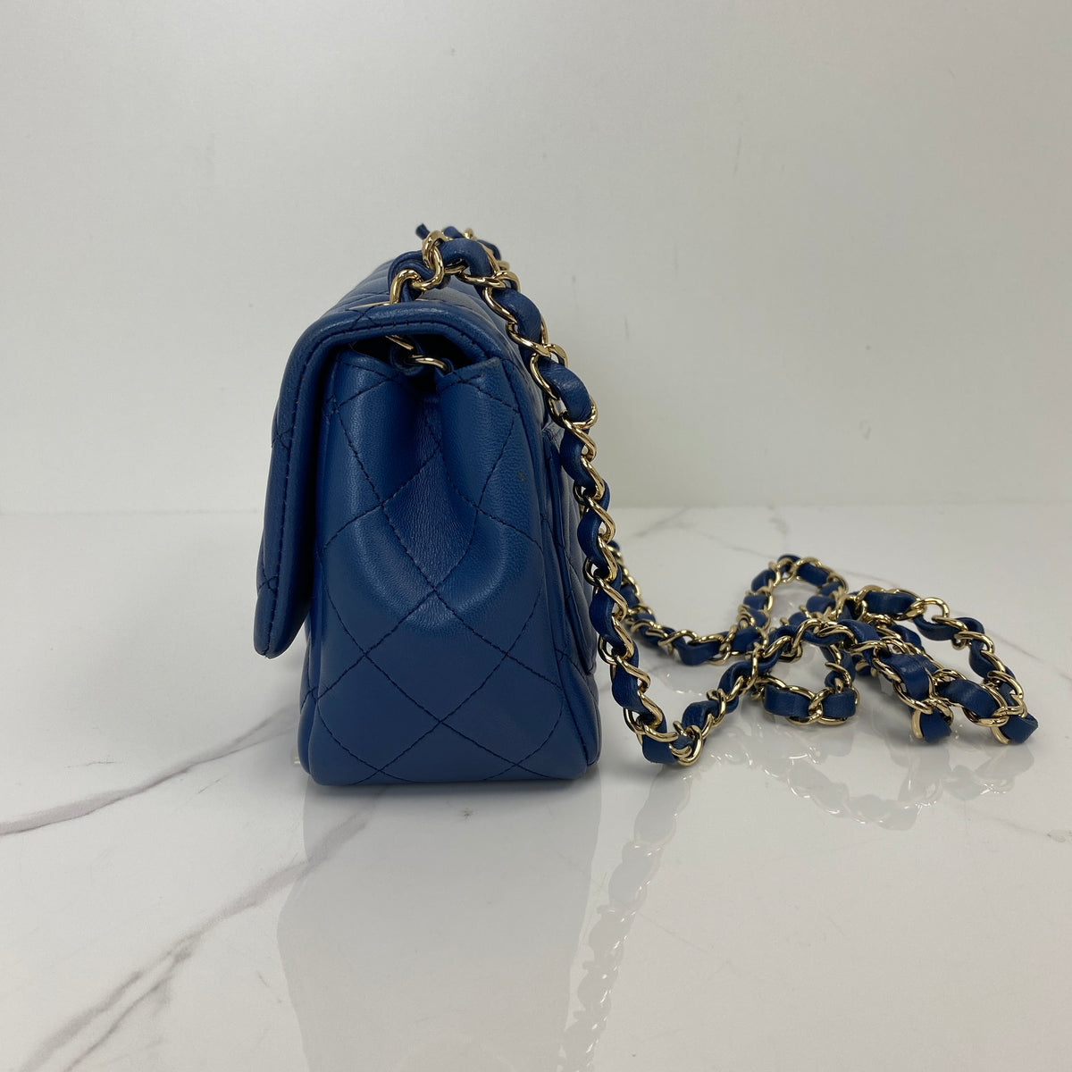 Chanel Classic Mini Square Flap Bag, blue lambskin, gold-tone hardware — detail view 2