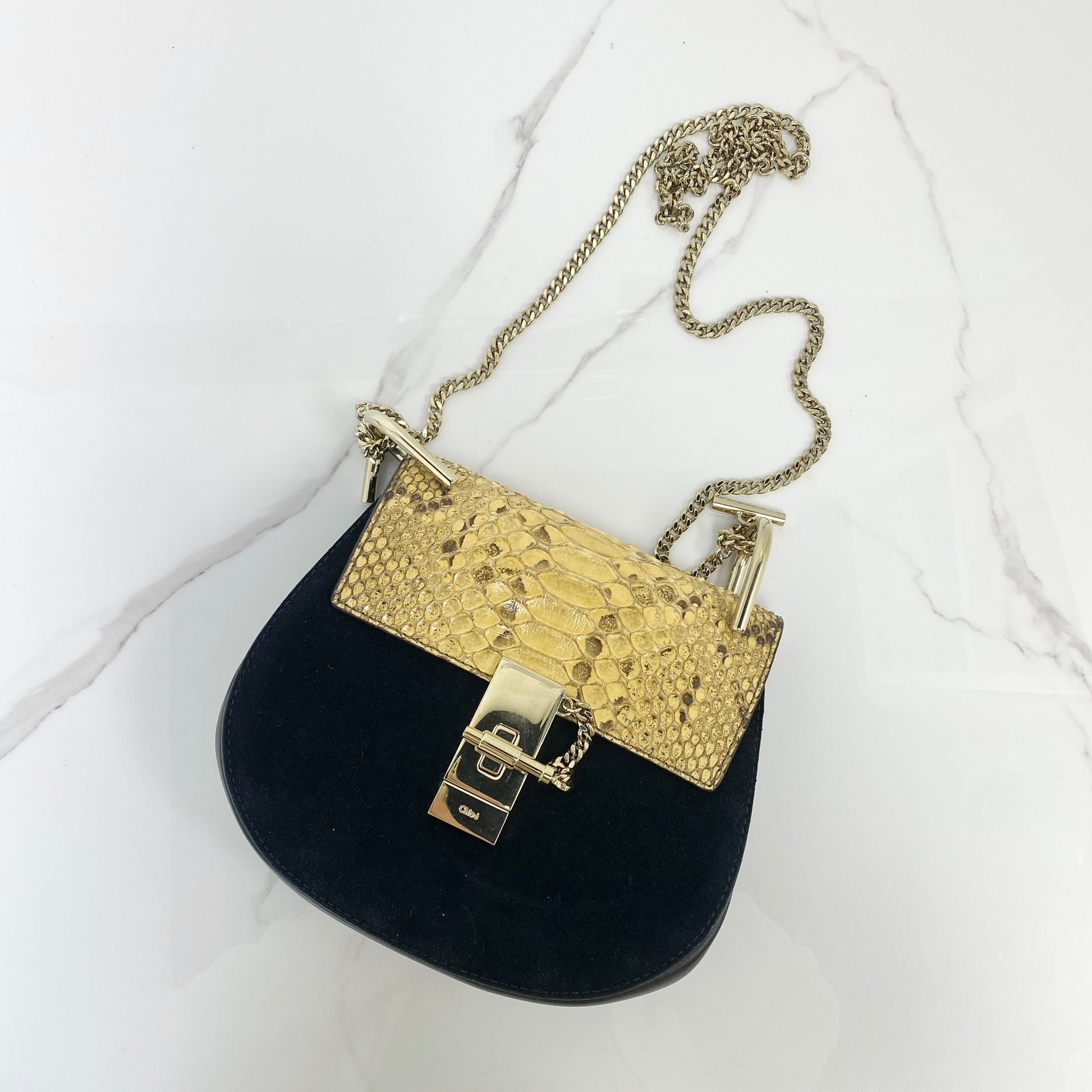 Chloé Mini Drew Bag, black suede, gold-tone hardware — front view