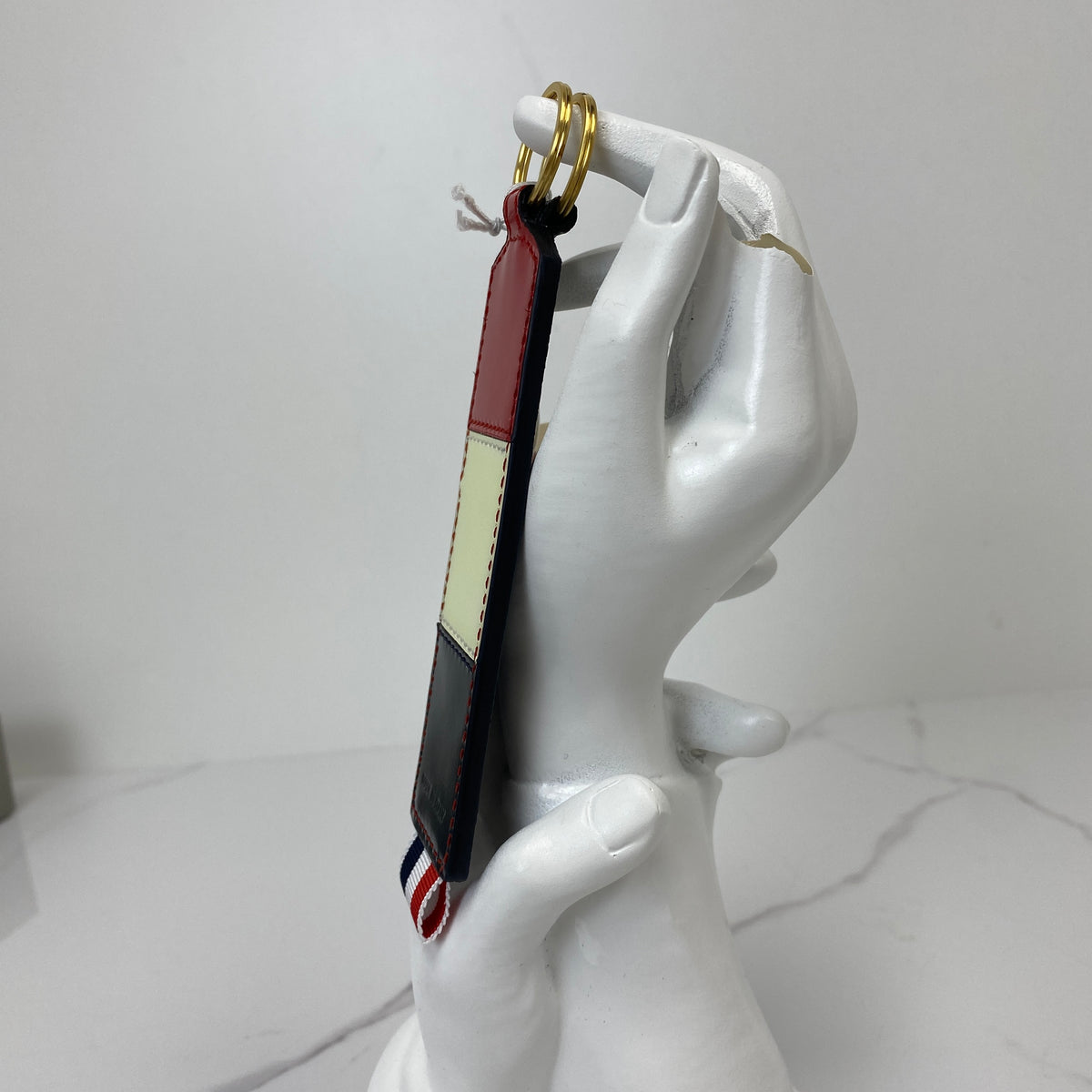 Thom Browne Key Ring, blue, white and red caviar calfskin, gold-tone ring — detail view 4