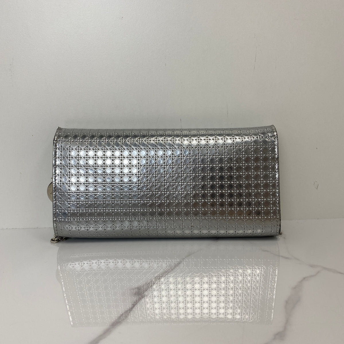 Christian Dior Micro Cannage Croisiere Wallet on Chain, metallic silver calfskin, silver-tone hardware — detail view 3