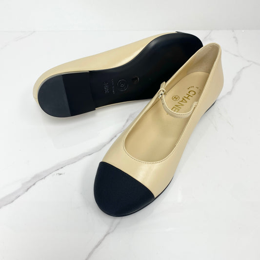 Chanel Grosgrain Cap Toe Pearl Mary Jane Flats Beige Black, Beige / Black Goatskin and Grosgrain, Gold Tone — front view