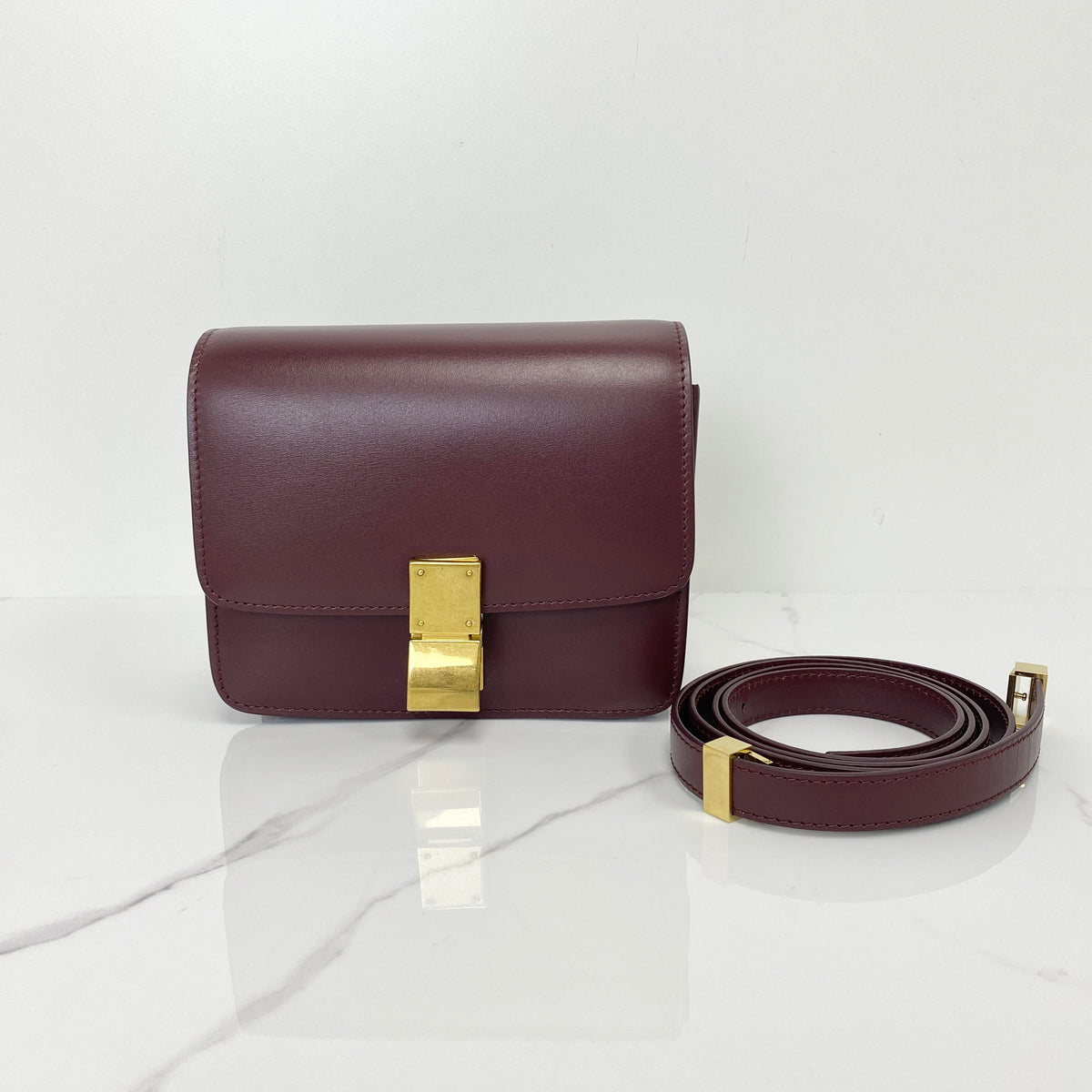 Celine Small Box, dark red calfskin, gold-tone hardware — front view