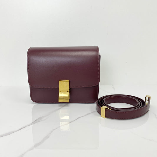 Celine Small Box, dark red calfskin, gold-tone hardware — front view