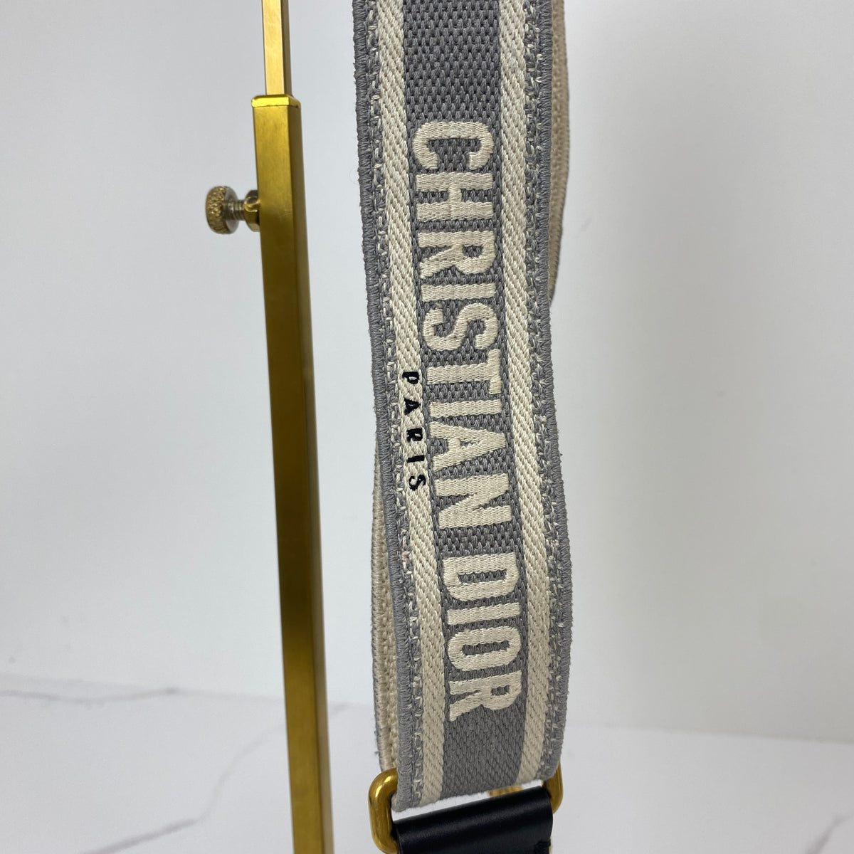 Christian Dior Adjustable Shoulder Strap With Ring Gray Embroidered Canvas, Gray / Cream Christian Dior Paris Embroidered Canvas and Calfskin, Antique Gold Finish Metal — detail view 3