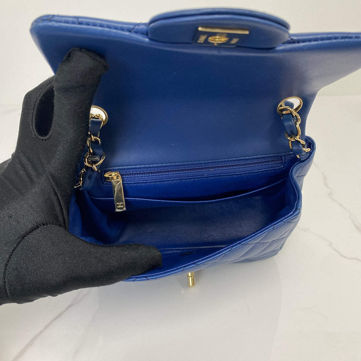 Chanel Classic Mini Square Flap Bag, blue lambskin, gold-tone hardware — detail view 5