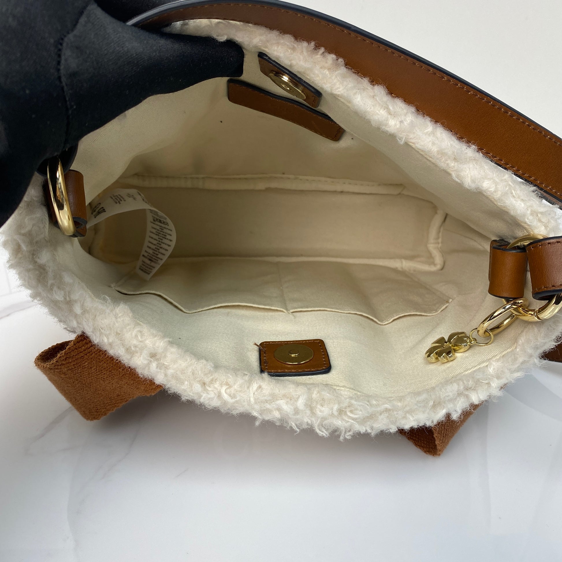 Chloé Shearling Shoulder Bag, beige shearling, gold-tone hardware — detail view 6