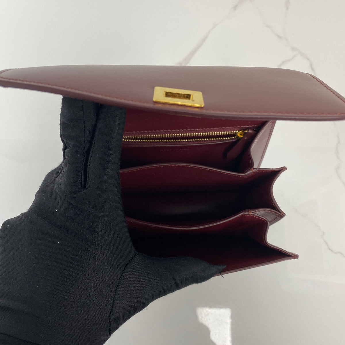 Celine Small Box, dark red calfskin, gold-tone hardware — detail view 5