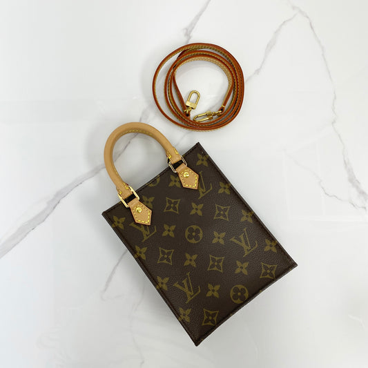 Louis Vuitton Petit Sac Plat in brown Monogram canvas with top handles and strap