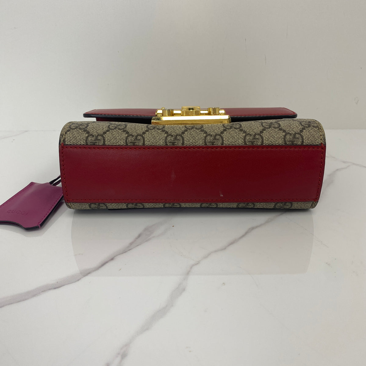 Gucci Padlock Small Shoulder Bag, red leather and GG Supreme canvas, gold-tone padlock — detail view 4