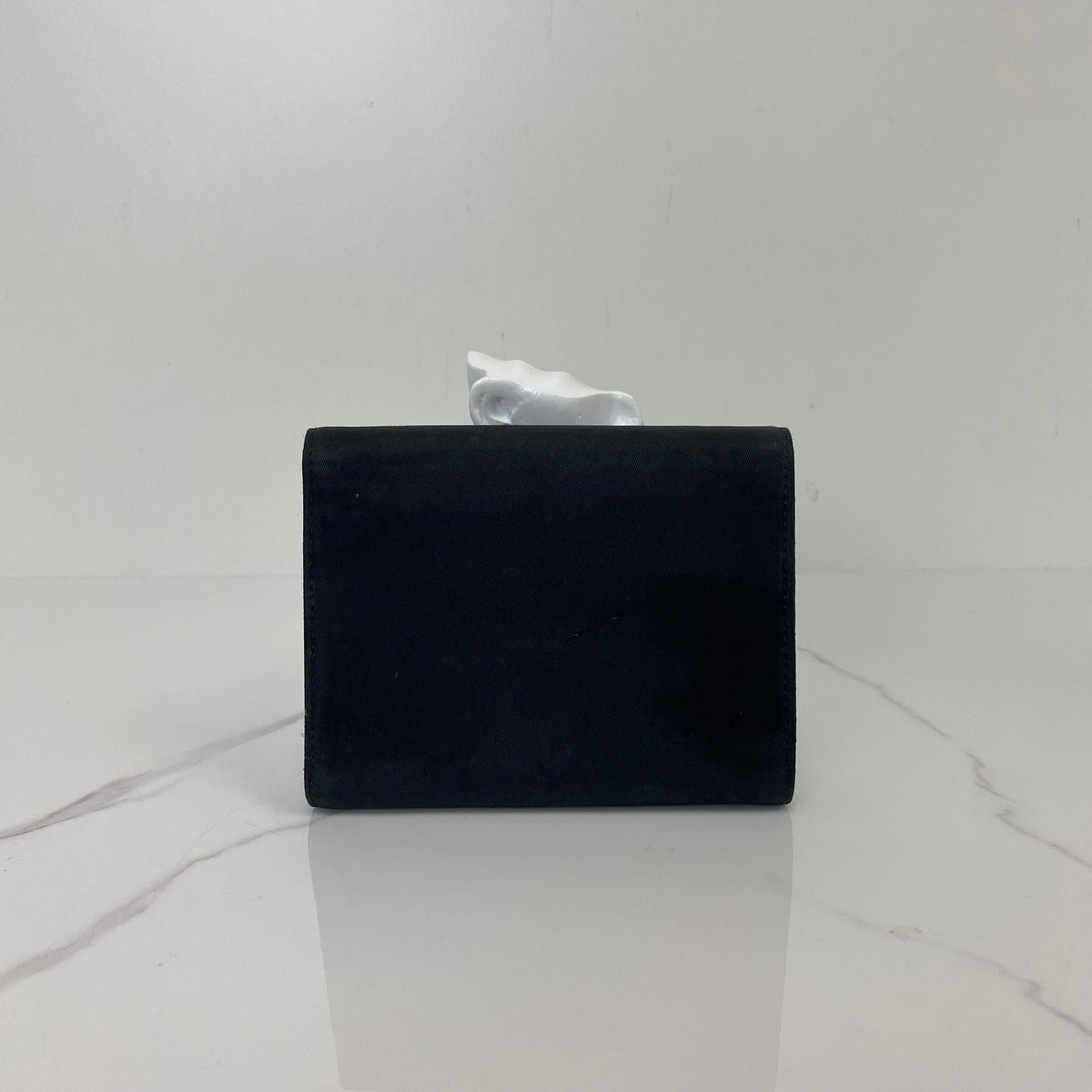 Prada Tessuto Compact Wallet, black Tessuto nylon, silver-tone triangle logo — detail view 2