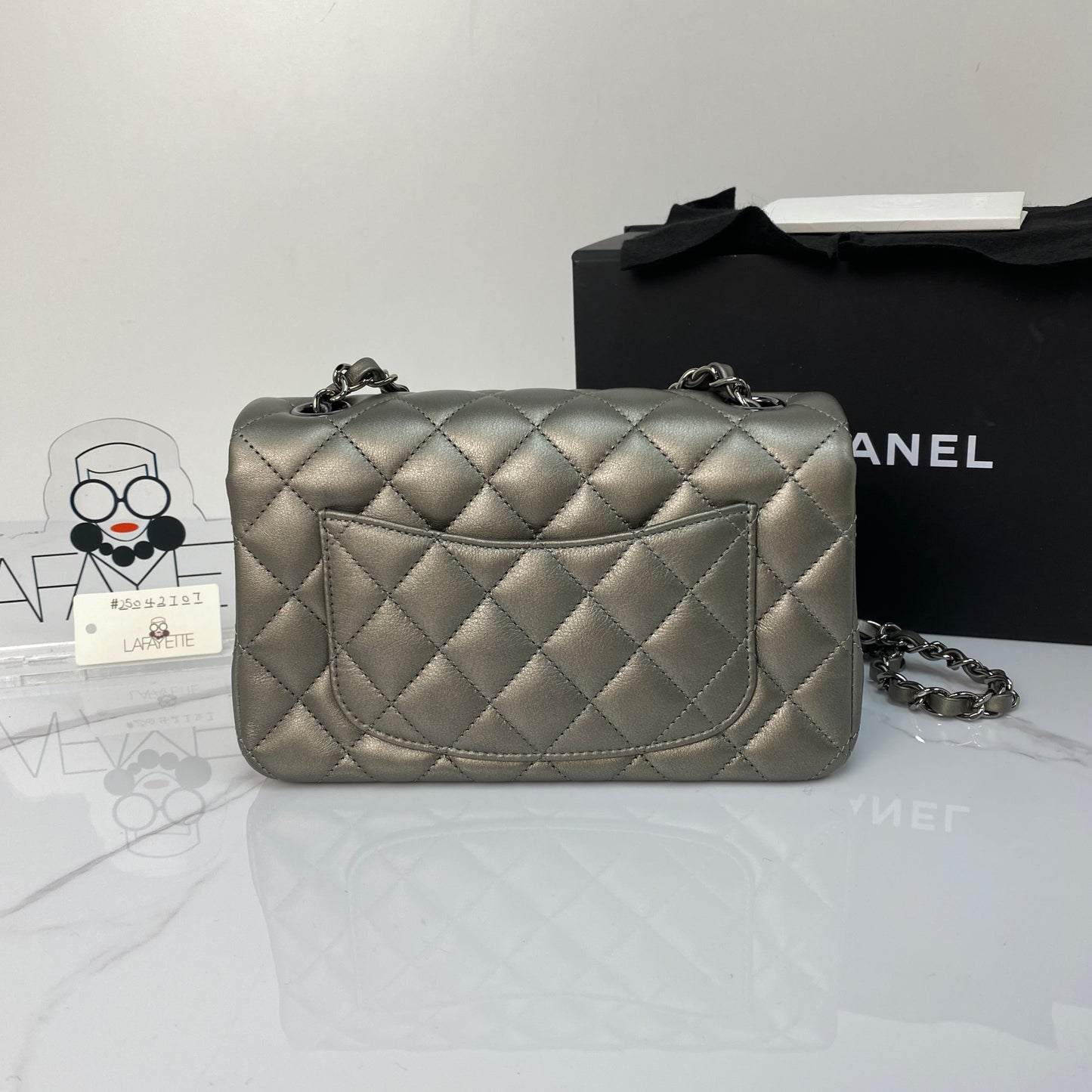 Chanel Mini Rectangular Flap, metallic grey goatskin, ruthenium hardware — detail view 3