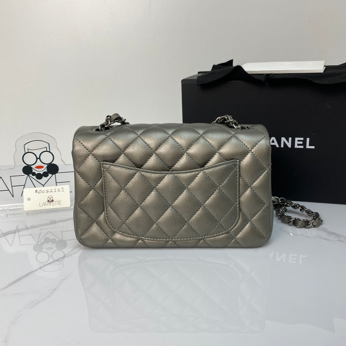 Chanel Mini Rectangular Flap, metallic grey goatskin, ruthenium hardware — detail view 3