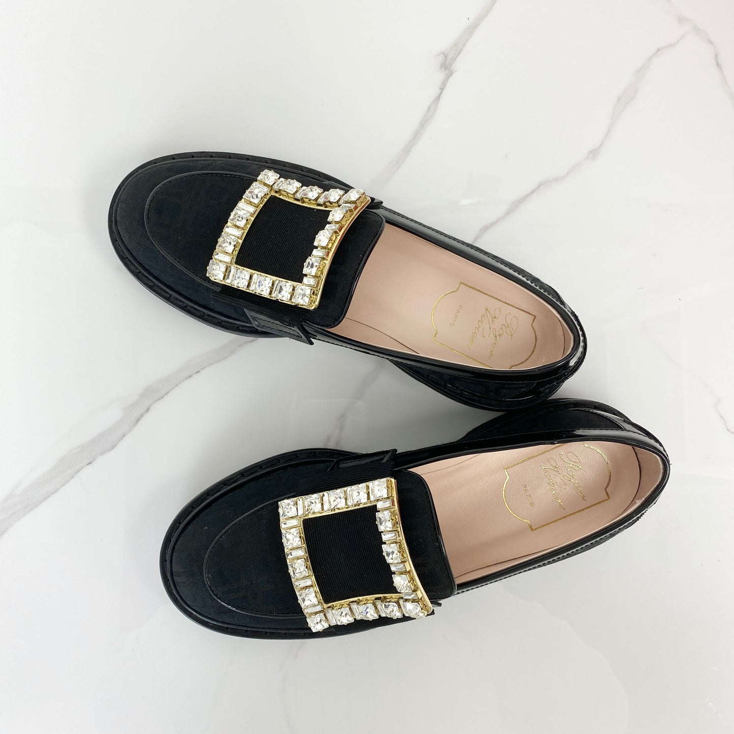 Roger Vivier Rangers Loafers, black canvas, gold-tone buckle — front view