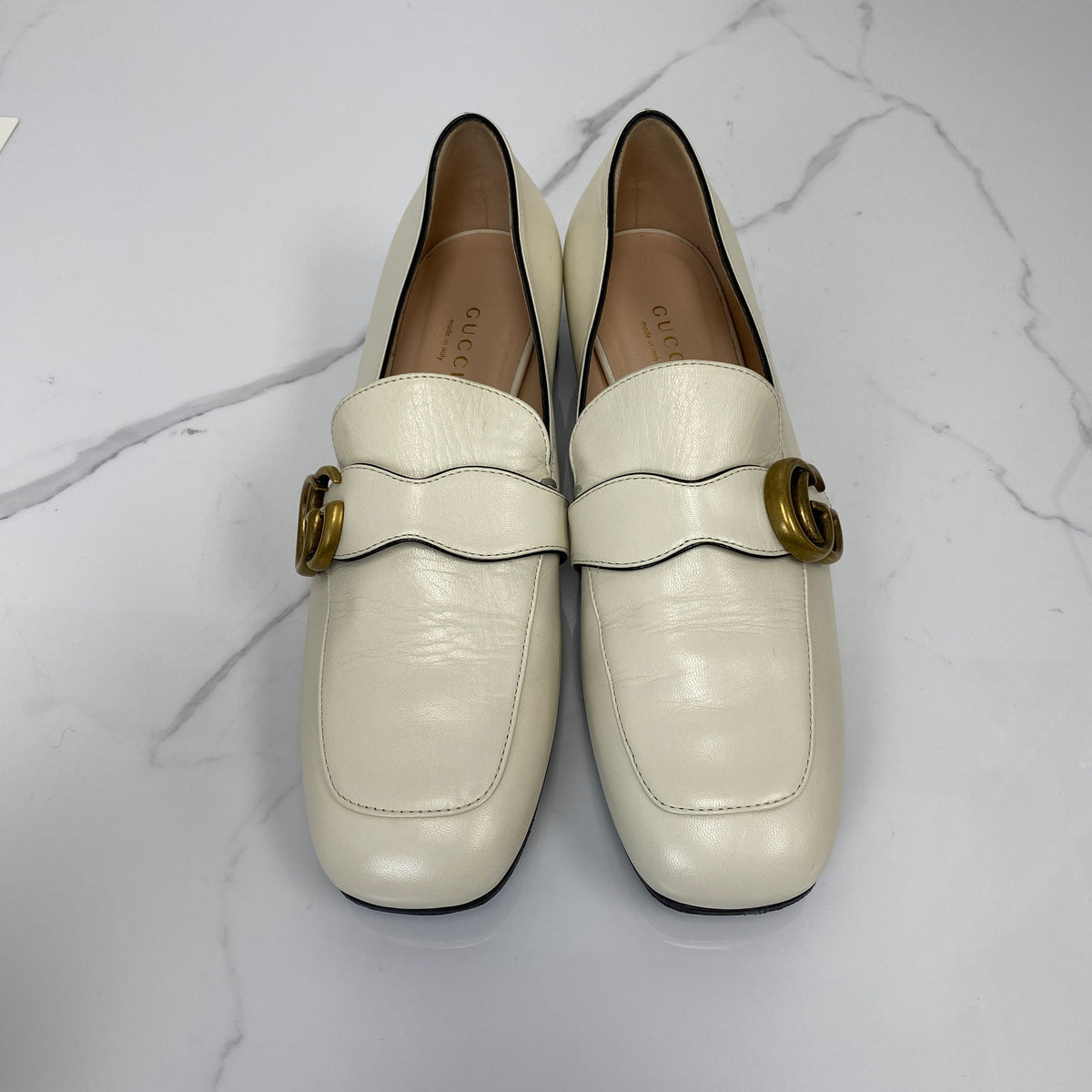 Gucci Double G Loafers White, White Leather, Gold Tone — detail view 2