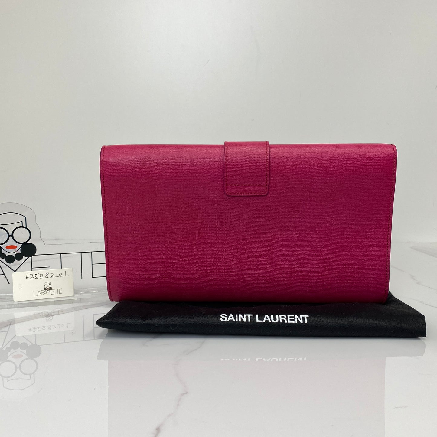 Saint Laurent Y Ligne Clutch, fuchsia pink calfskin, gold-tone Y closure — detail view 2