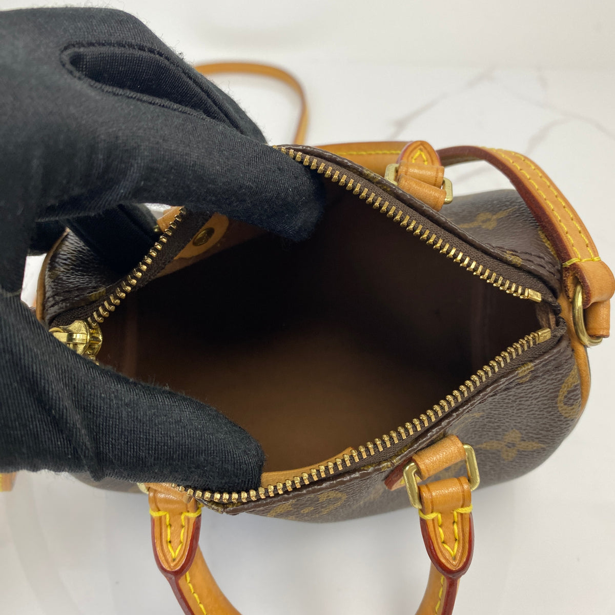 Louis Vuitton Nano Speedy Monogram, Brown Monogram Coated Canvas, Gold Tone — detail view 5