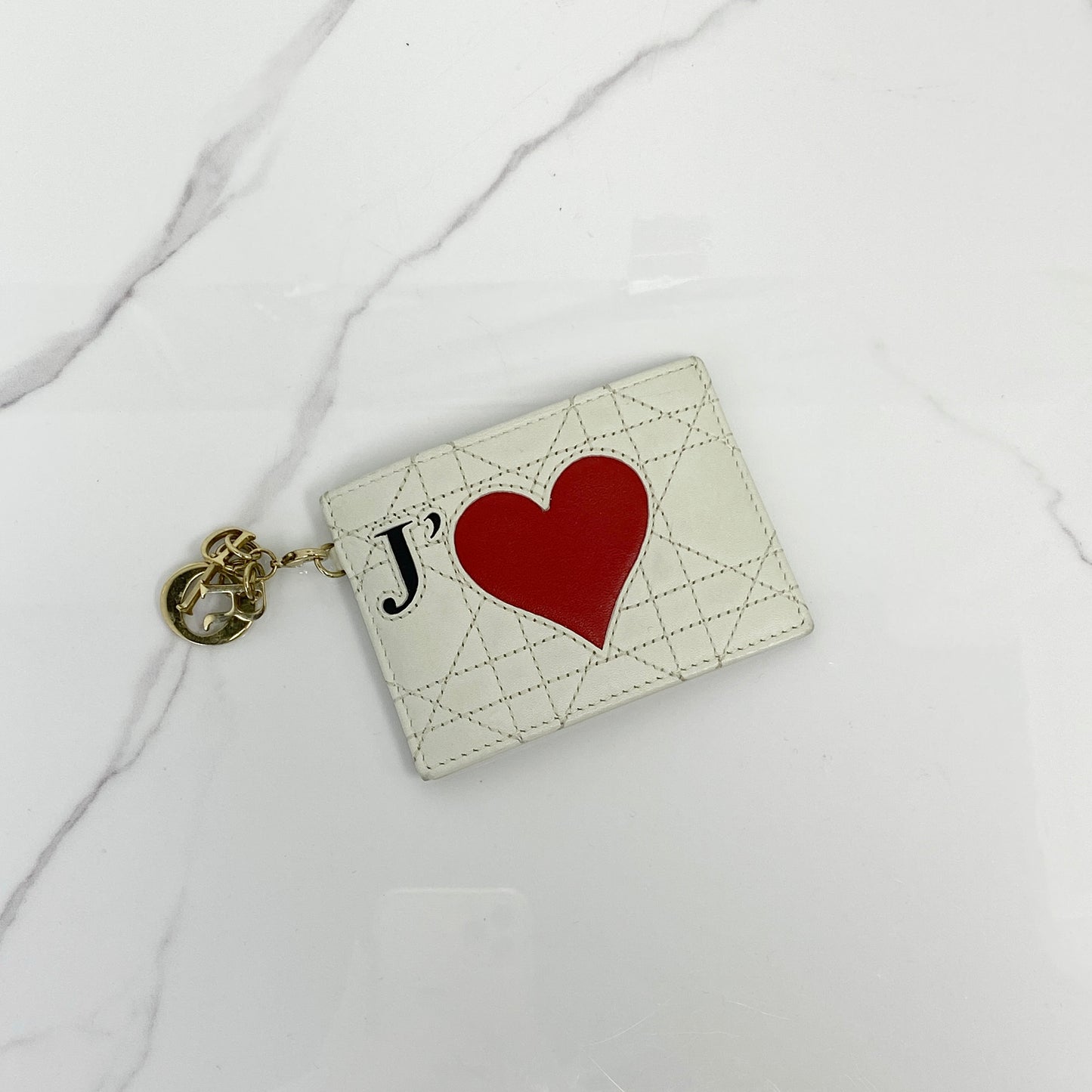 Christian Dior Valentine Card Holder in white and red calfskin