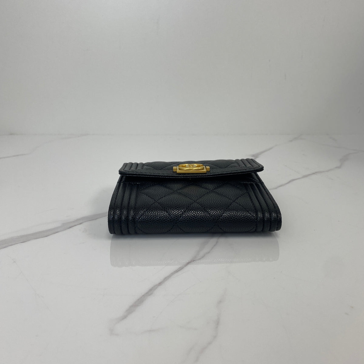 Chanel Boy Small Flap Wallet Black Grained Calfskin, Black Shiny Grained Calfskin, Gold Tone — detail view 4