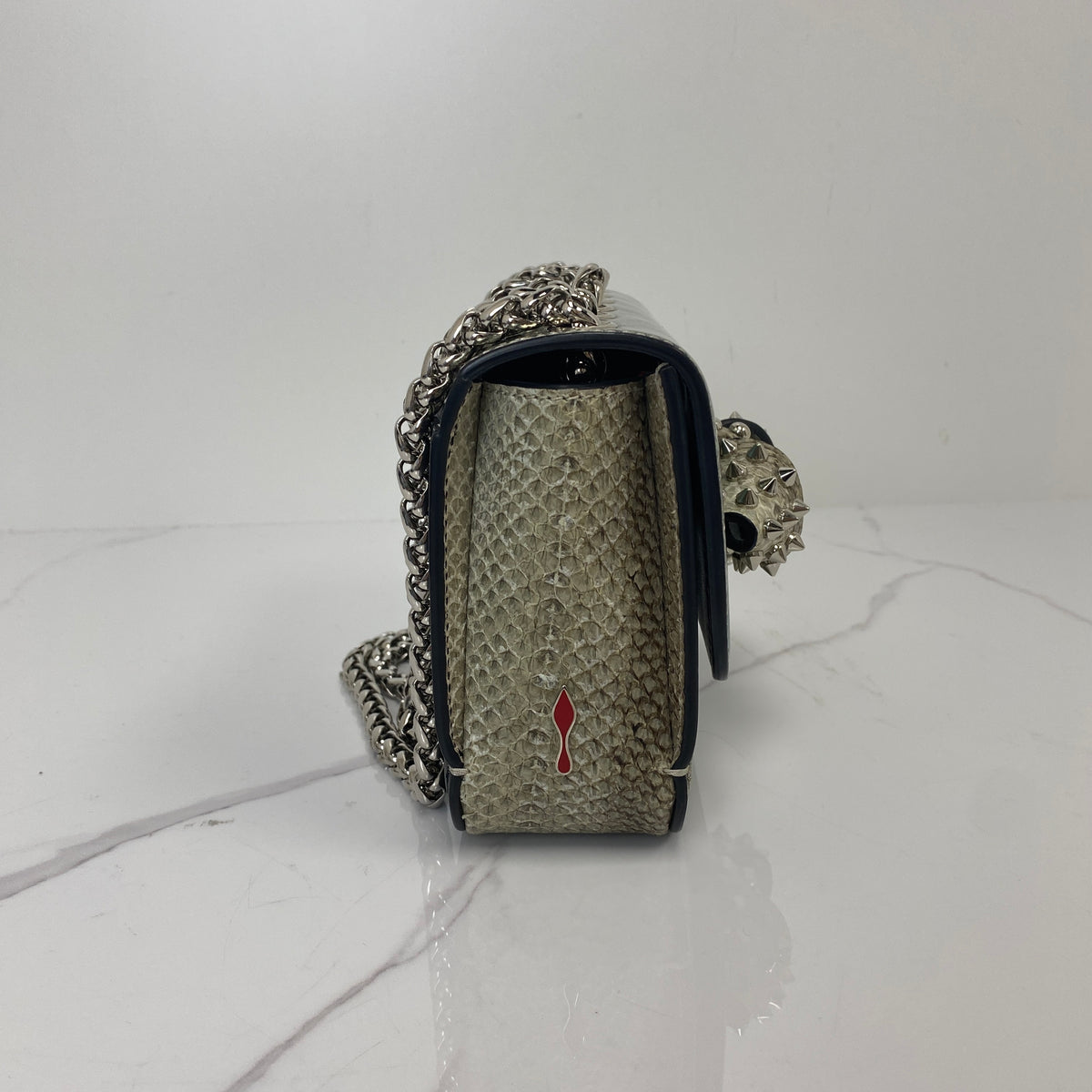 Christian Louboutin Sweet Charity Baby Paris Map Silver, Silver / Blue Patent Leather with Python Print Bow, Silver Tone — detail view 2