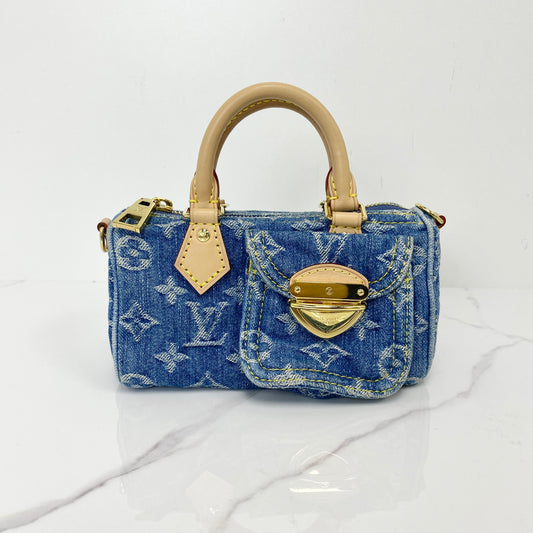 Louis Vuitton Monogram Denim Nano Speedy in blue with leather top handles and front pocket