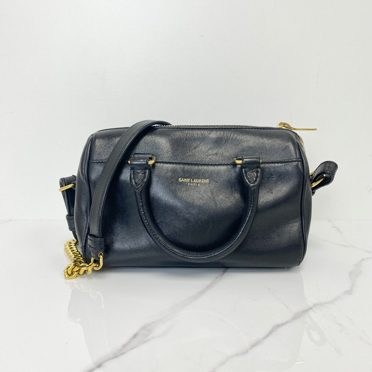 Saint Laurent Mini Duffle Bag Black, Black Calfskin, Gold Tone — front view