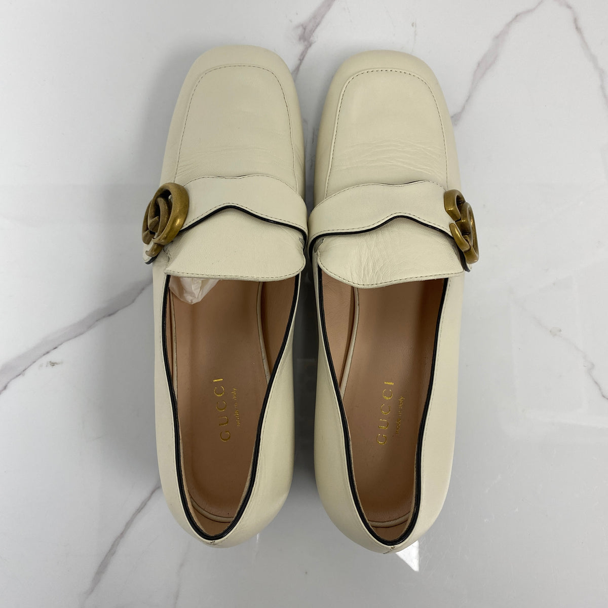 Gucci Double G Loafers White, White Leather, Gold Tone — detail view 5
