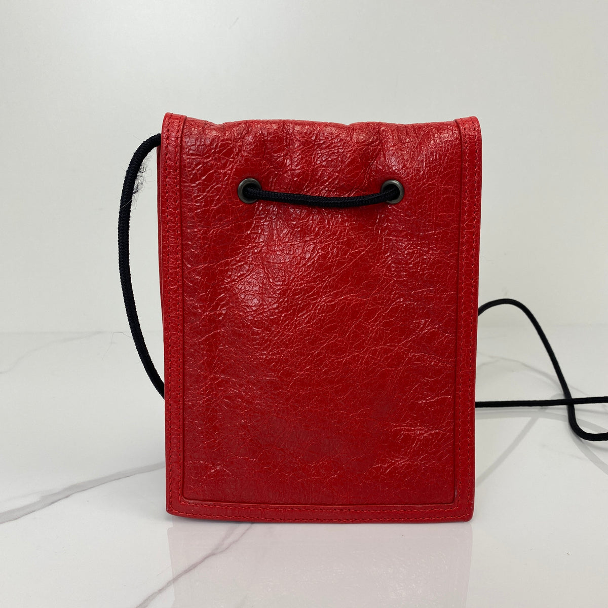 Balenciaga Small Explorer Pouch with Strap, red Arena lambskin, antique silver-tone hardware — detail view 2