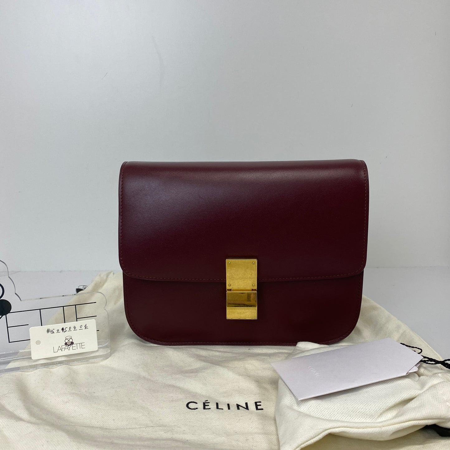 Base of the Celine Classic Box in burgundy calfskin