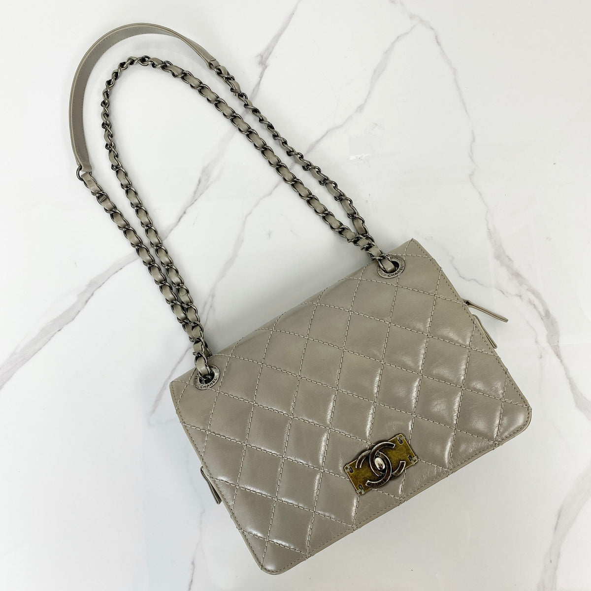 Chanel Day Trip Flap, grey glazed calfskin, antique silver-tone hardware — front view