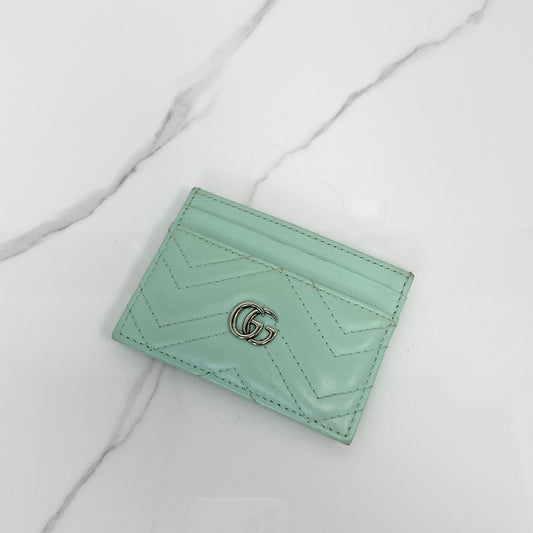 Gucci GG Marmont Card Case, light green calfskin, silver-tone hardware — front view