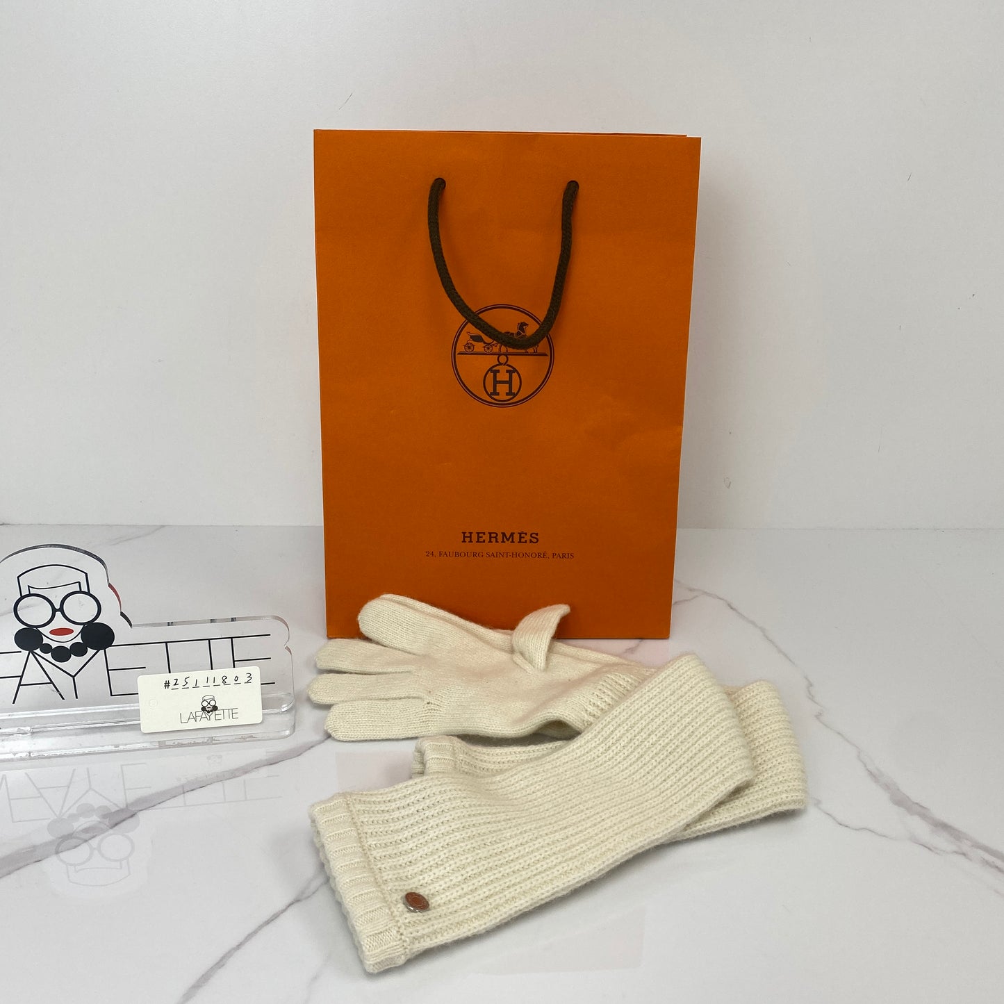 Hermès Cashmere Long Gloves, natural cashmere, palladium detail — detail view 1