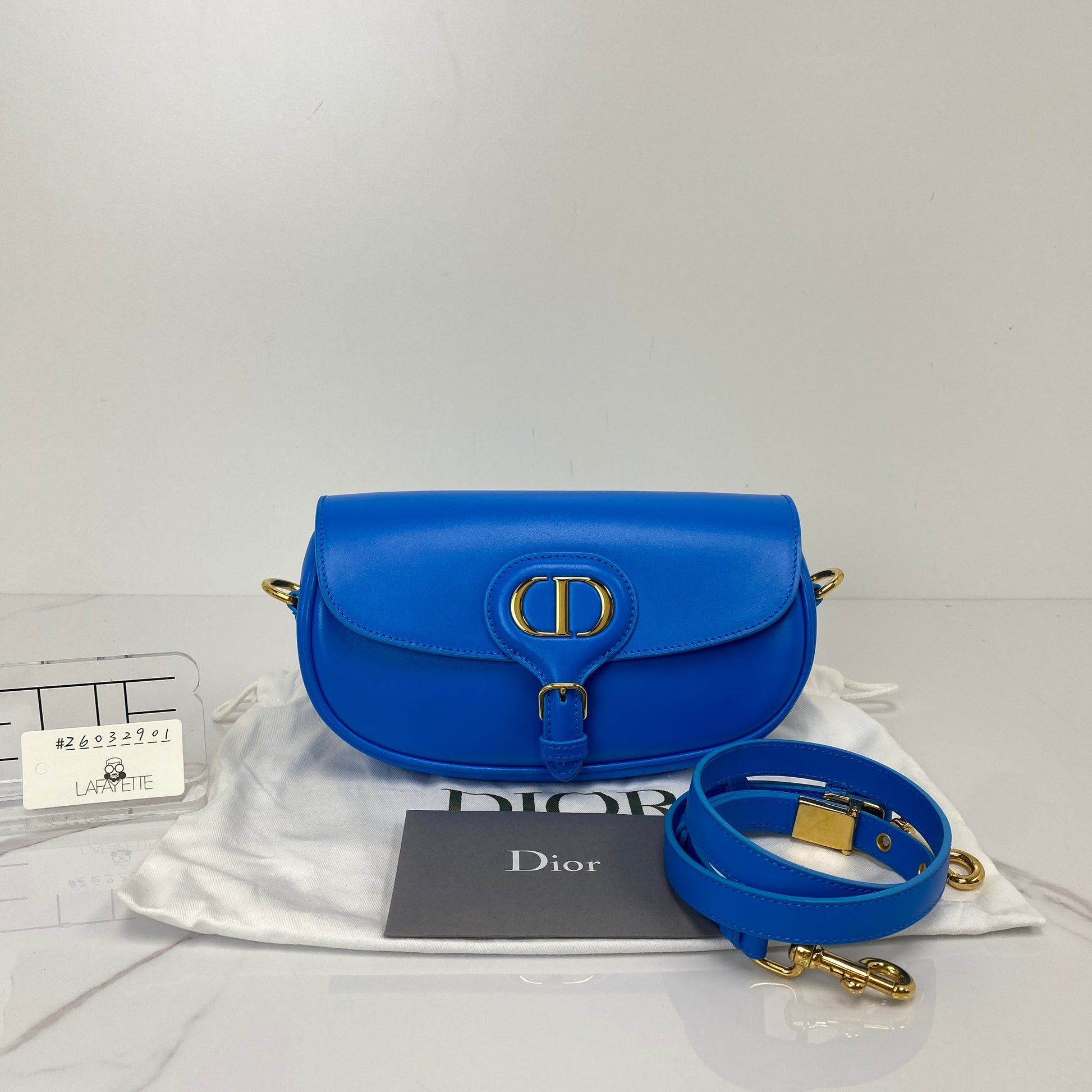Front view of the blue Dior Bobby East-West bag