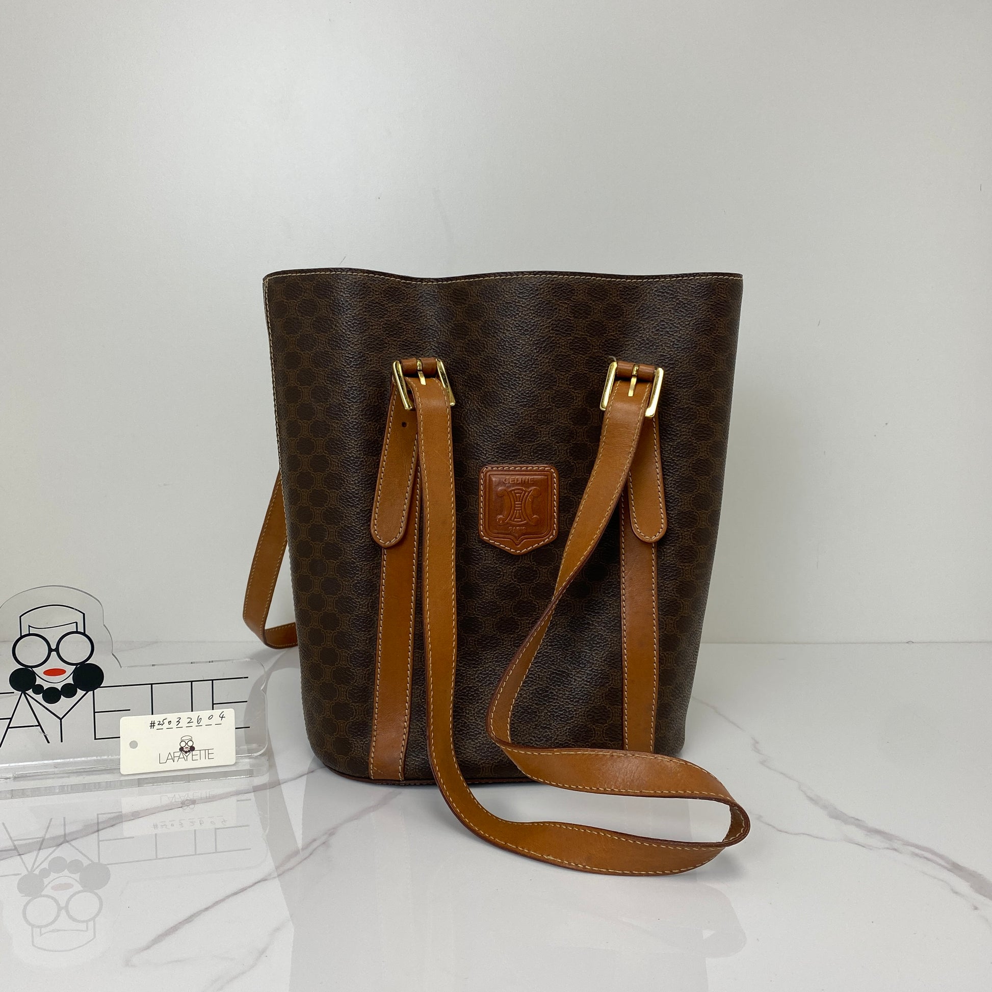 Front view of the vintage Celine Macadam bucket bag
