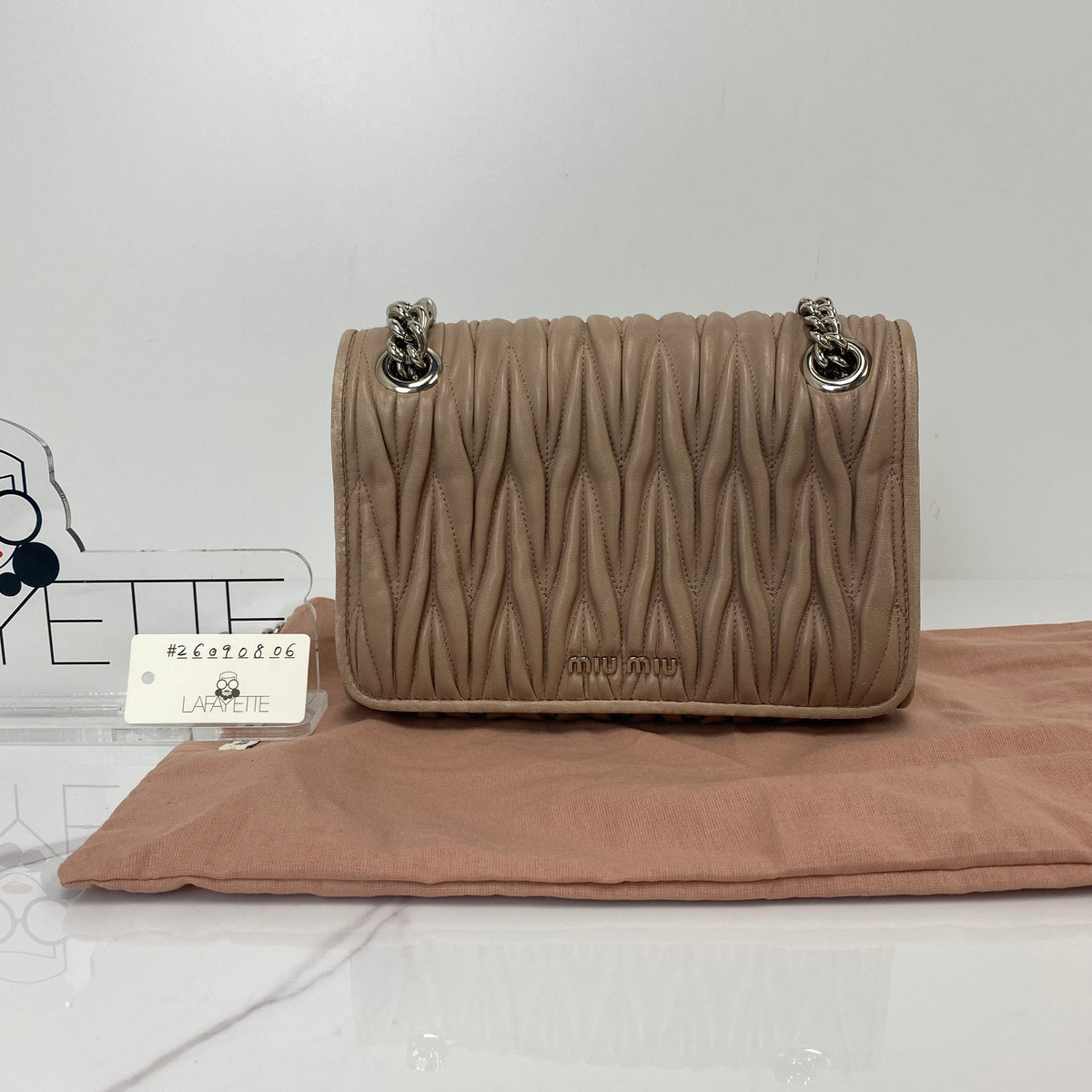 Miu Miu Nappa Matelasse Chain Bag, nude pink matelassé nappa lambskin, silver-tone chain — detail view 1