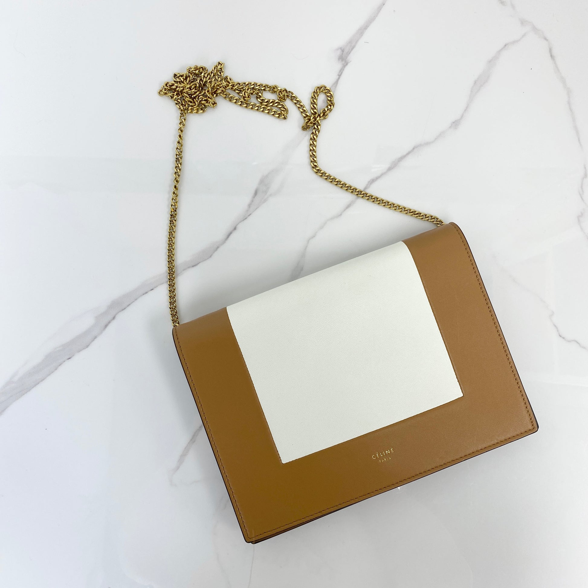Celine Pocket Envelope Wallet on Chain in tan and white calfskin with gold chain