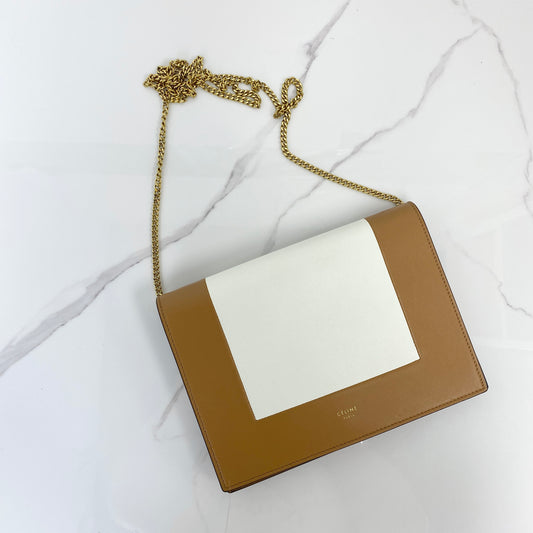 Celine Pocket Envelope Wallet on Chain in tan and white calfskin with gold chain