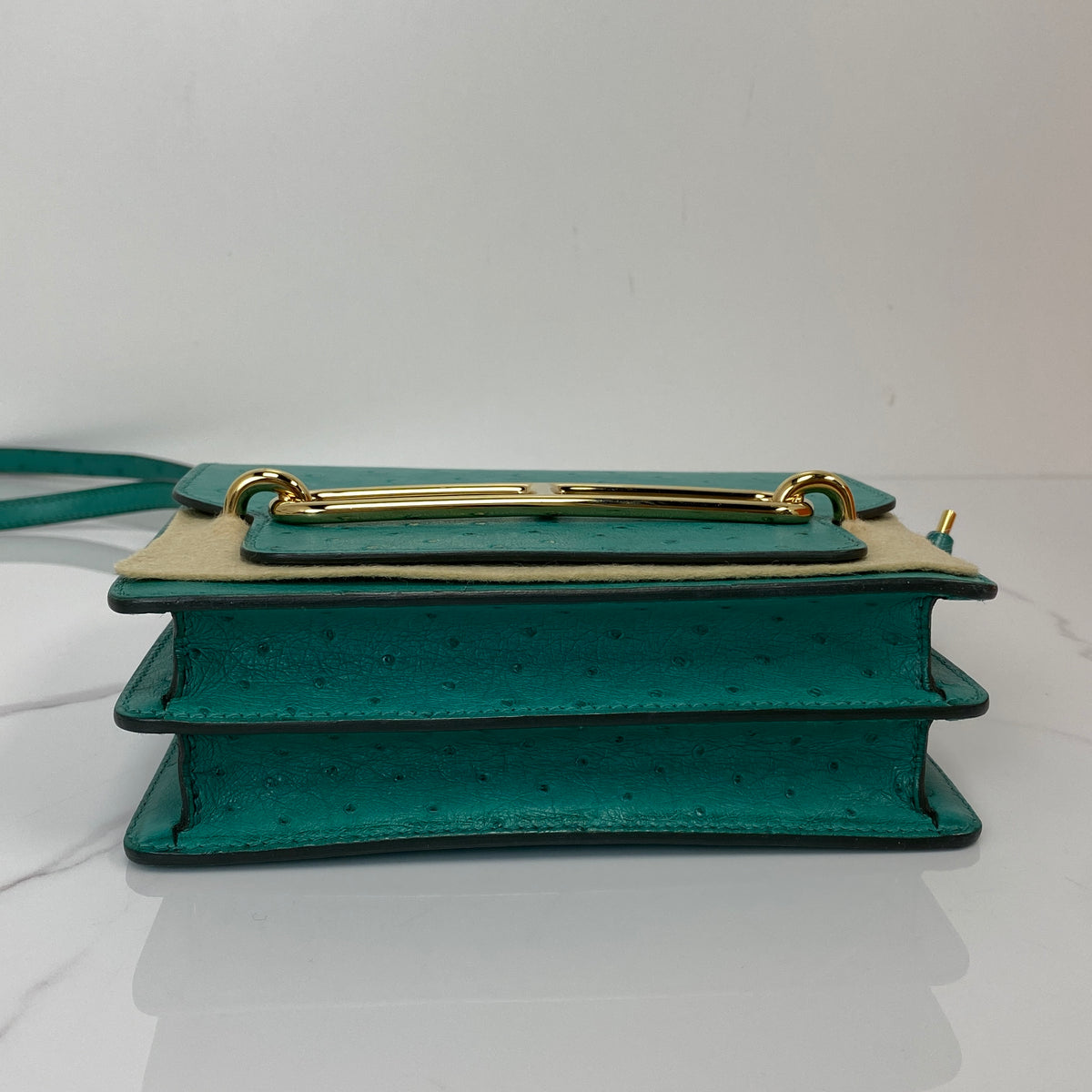 Hermès Roulis 18, Vert Vérone ostrich leather, palladium hardware — detail view 4