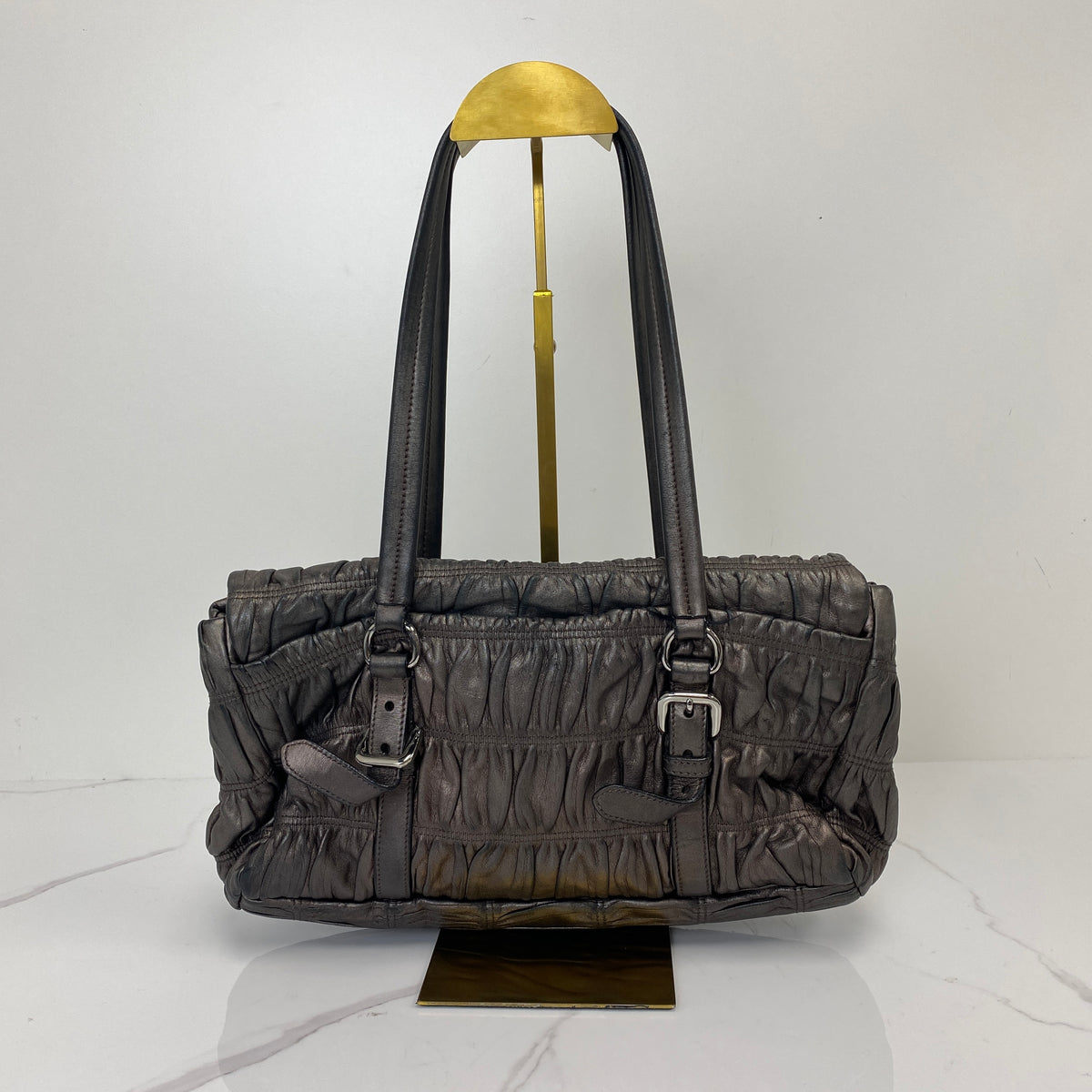 Prada Nappa Leather Shoulder Bag Grey, Grey Nappa Leather, Silver Tone — detail view 3