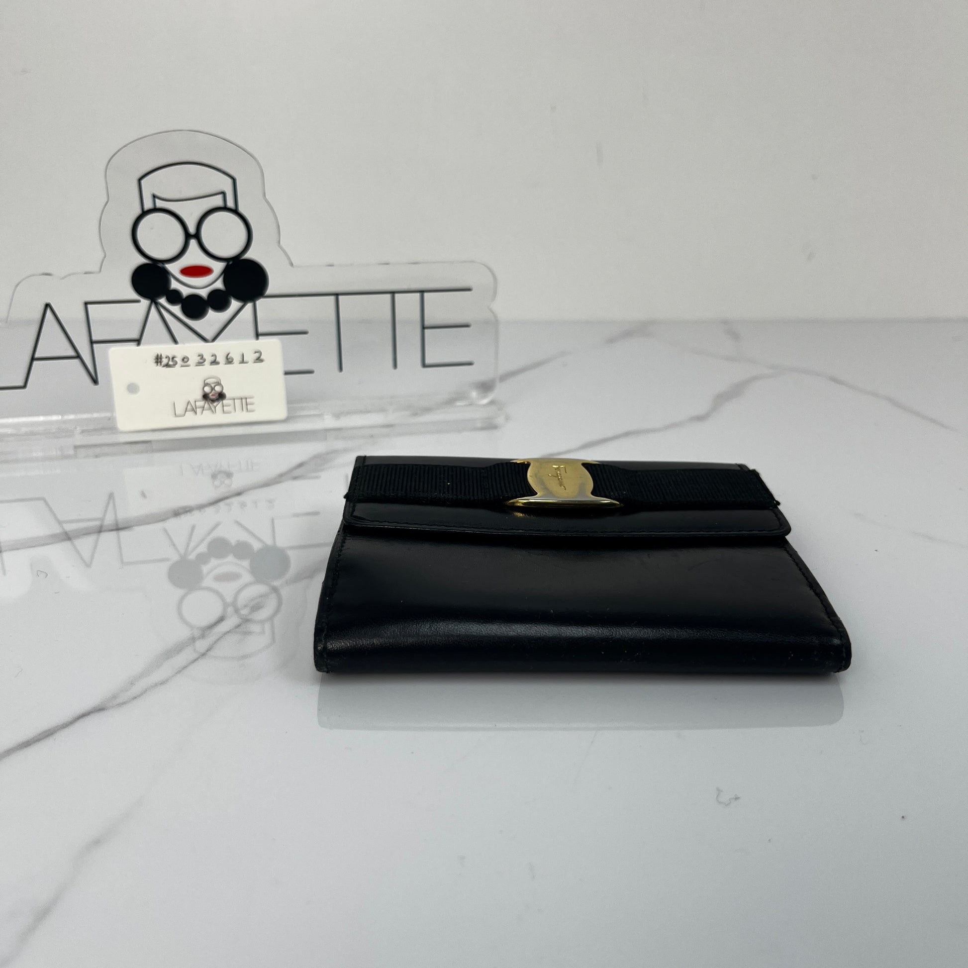 Salvatore Ferragamo Vara Bow Wallet, black calfskin, antique gold-tone Vara bow — detail view 5