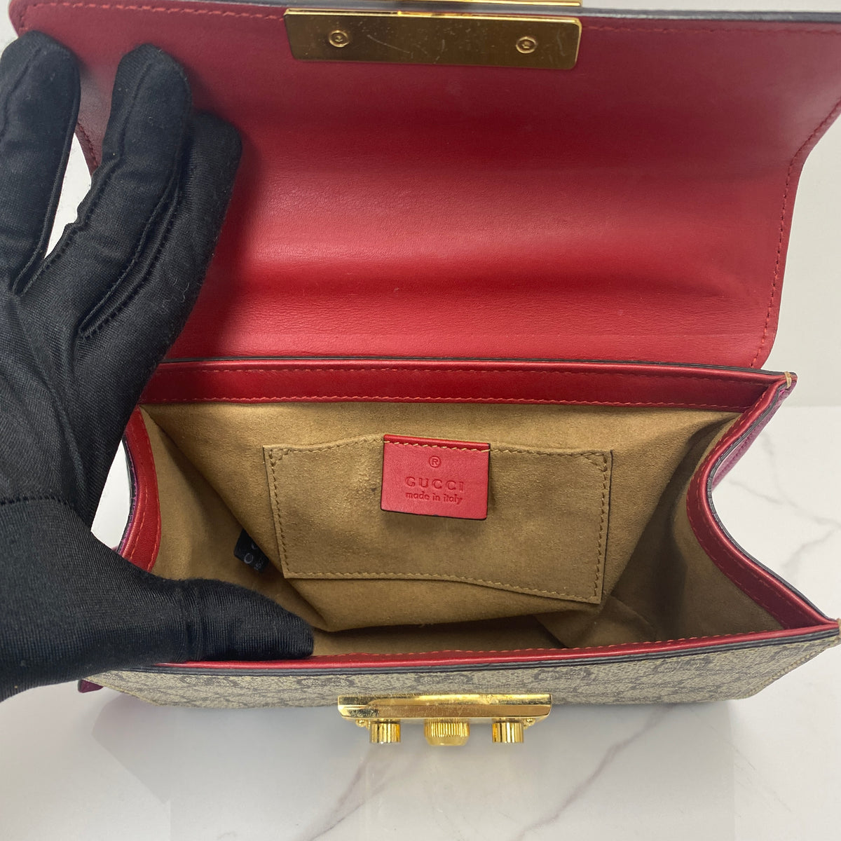 Gucci Padlock Small Shoulder Bag, red leather and GG Supreme canvas, gold-tone padlock — detail view 5